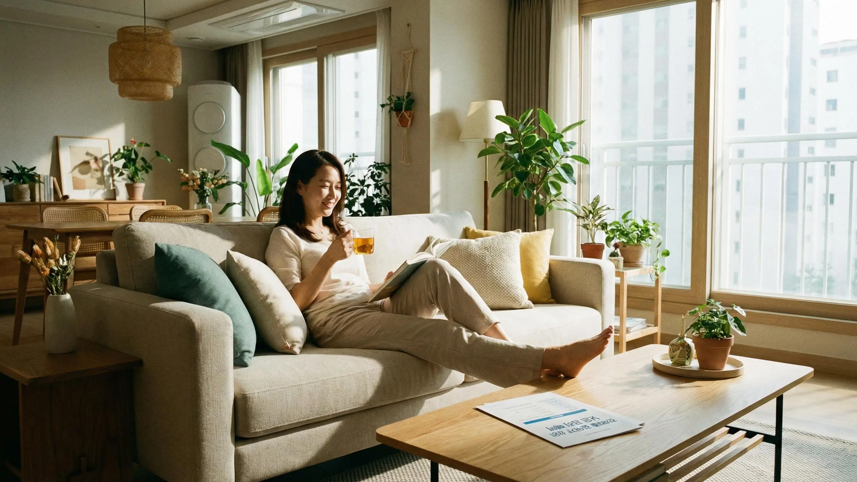 성공적으로 낮은 금리의 전세 대출로 갈아타기 후 이사한 새집에서 편안하게 휴식하는 모습