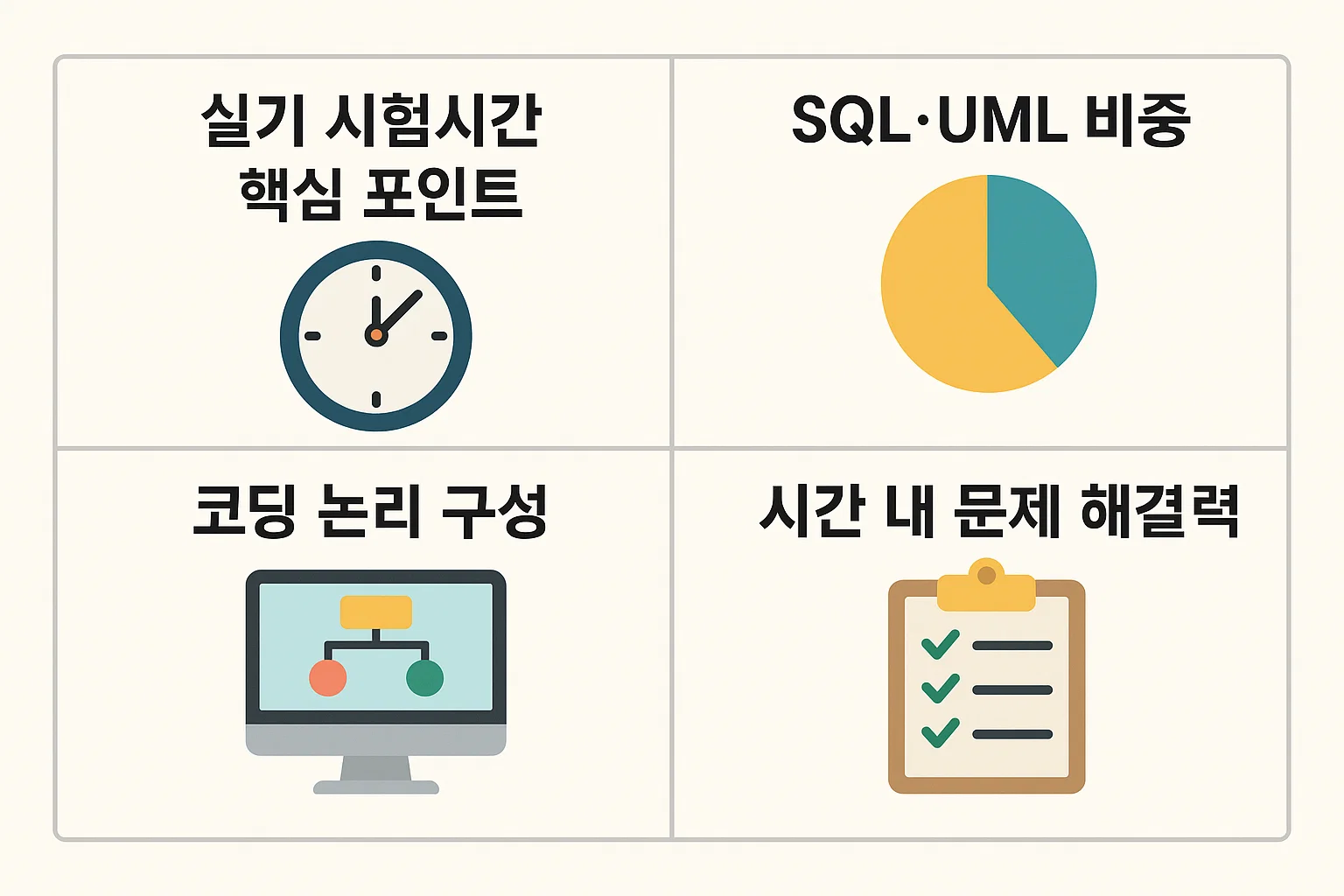 SQL·UML 비중, 코딩 논리 구성, 제한 시간 내 문제 해결력을 높이는 실기 시험시간 요약 인포그래픽