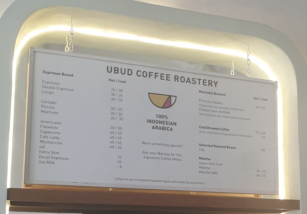 발리 카페 투어 : 우붓 커피 로스터리(Obud Coffee Roastery) _커피 메뉴