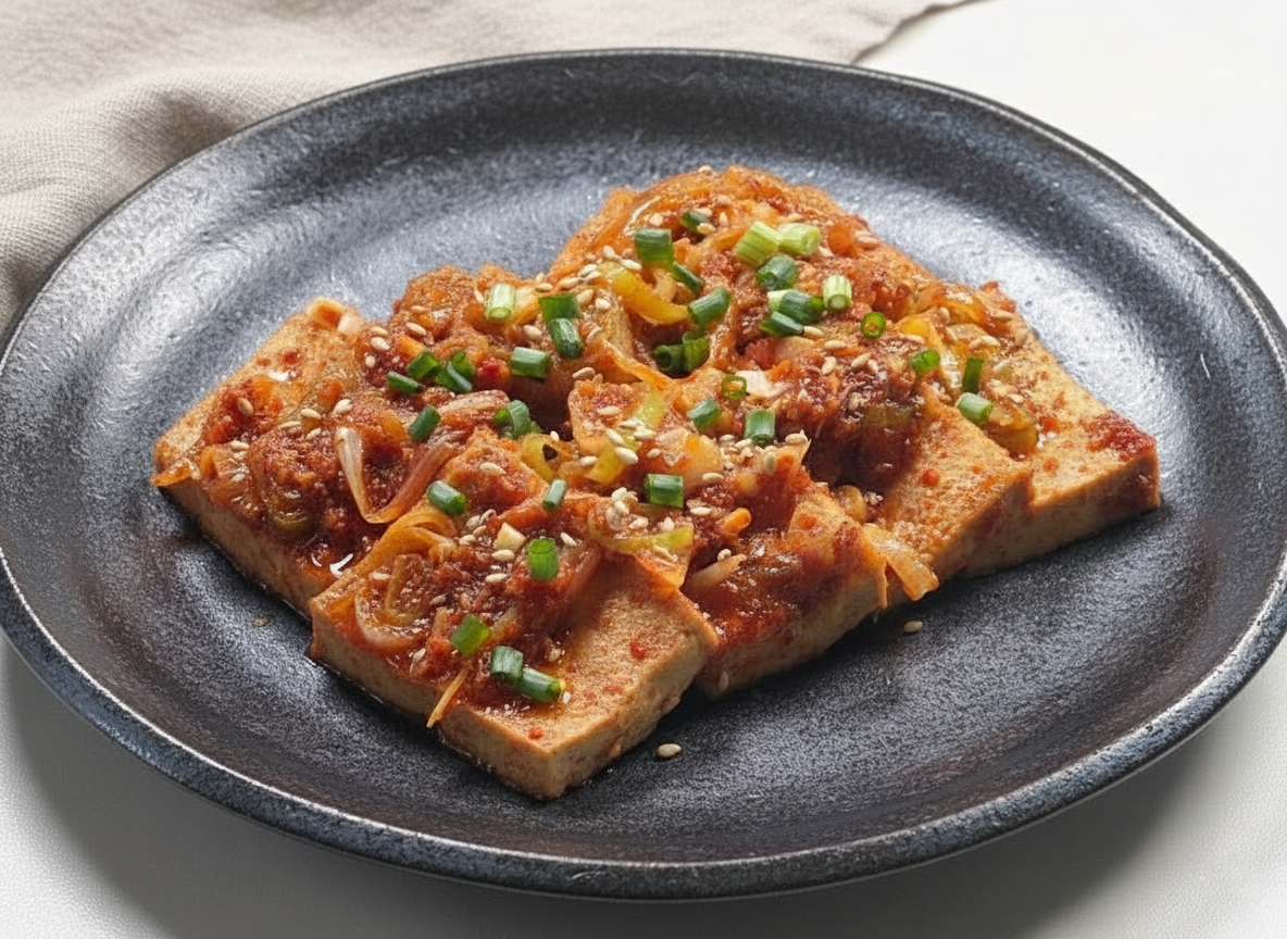 매콤하게 양념된 정갈한 두부조림 요리.