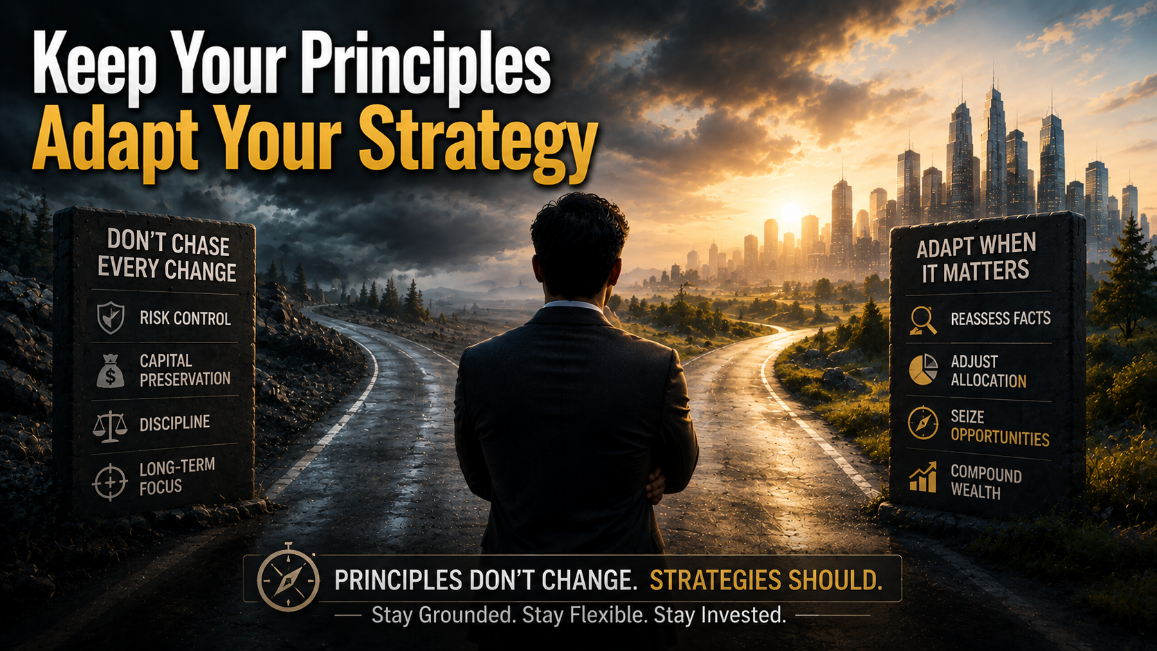 A long-term investor balancing discipline and adaptability by adjusting strategy while keeping core investment principles unchanged.
