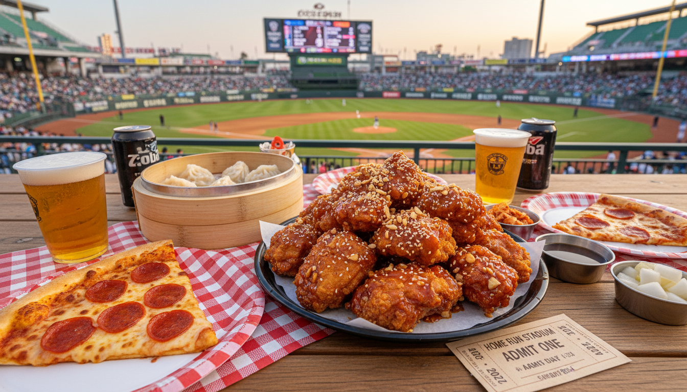 잠실야구장을 배경으로 펼쳐진 닭강정, 새우만두, 피자 등 다양한 야구장 먹거리