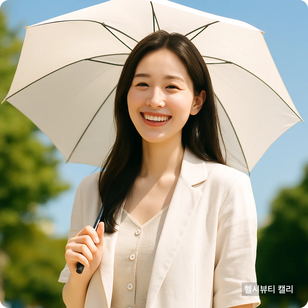 양산을 들고 시원한 복장을 입고 미소 짓는 20대 여성의 여름 실사 이미지