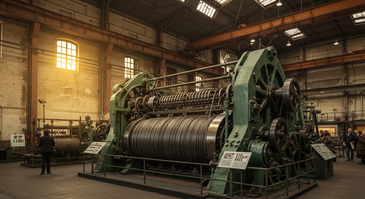 따뜻한 조명 아래 오래된 와이어 생산 기계가 전시된 고려제강 기념관 내부 전경