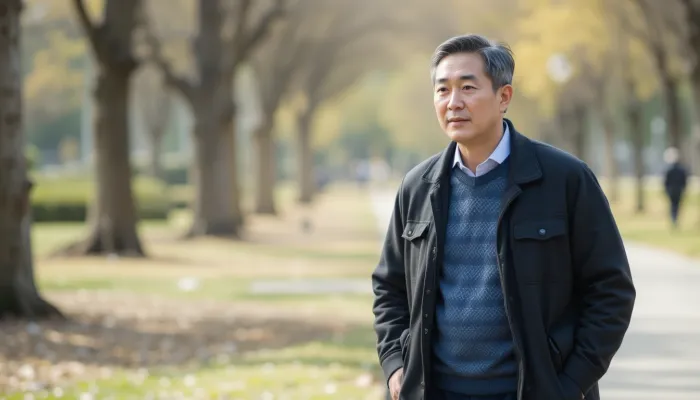 공원에서 바른 자세로 걷는 중년 남성