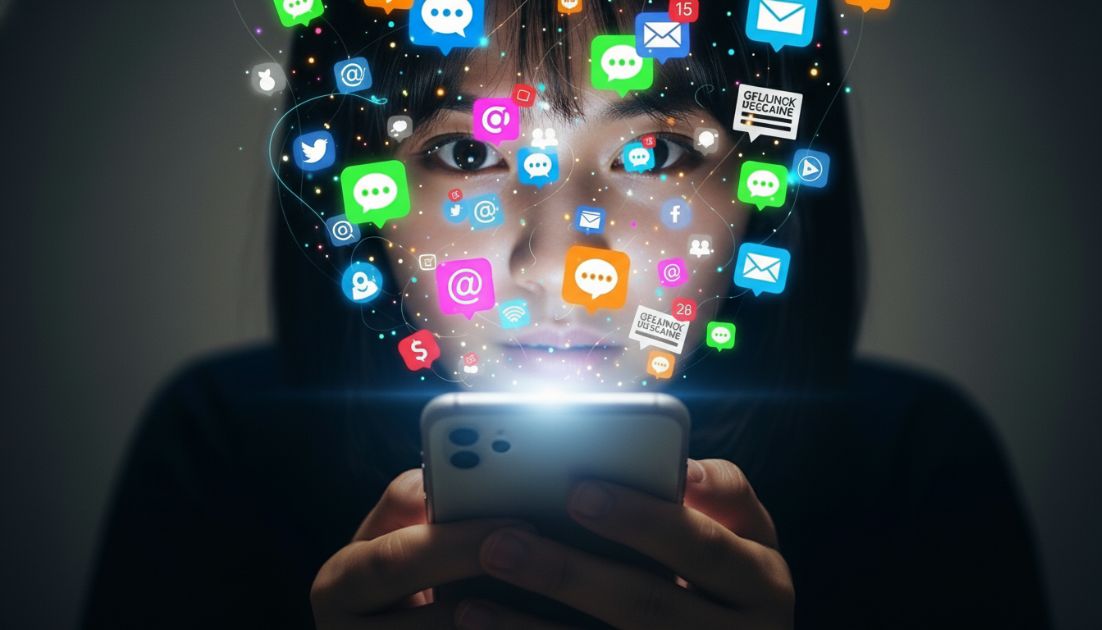 스마트폰 알림으로 집중이 방해되는 도파민 중독 개념 이미지