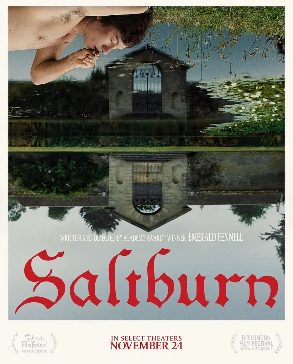 Saltburn, 건물이 비치는 호수와 누워서 담배피는 한 사람
