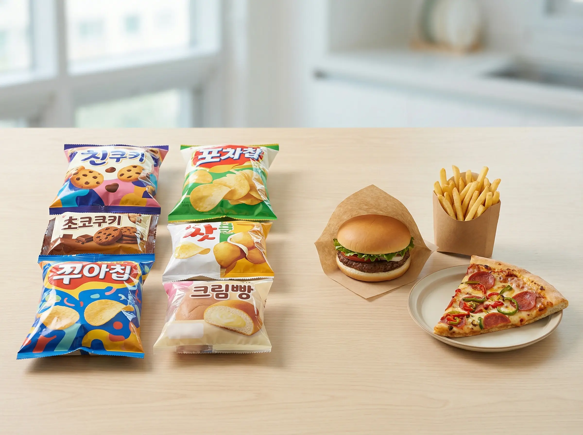 초가공 간식과 패스트푸드 세트를 보여주는 설명 이미지