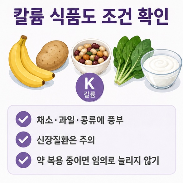 바나나와 감자, 콩, 채소 등 칼륨이 풍부한 식품과 신장질환이 있을 때 칼륨 섭취에 주의해야 한다는 내용을 표현한 이미지