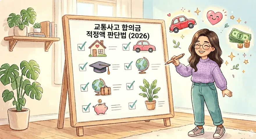 교통사고 합의금 적정금액: 화사한 파스텔 톤 배경에 한 여성이 펜을 들고 커다란 체크리스트 보드 앞에 서 있는 일러스트입니다. 보드에는 '교통사고 합의금 적정액 판단법 (2026)'이라는 제목과 함께 자동차, 지폐, 하트 등의 보상 관련 아이콘이 그려져 있습니다. 보험사 제시액을 그대로 받지 않고 교통사고 합의금 적정금액을 꼼꼼히 따져보는 현명한 대처법을 상징합니다