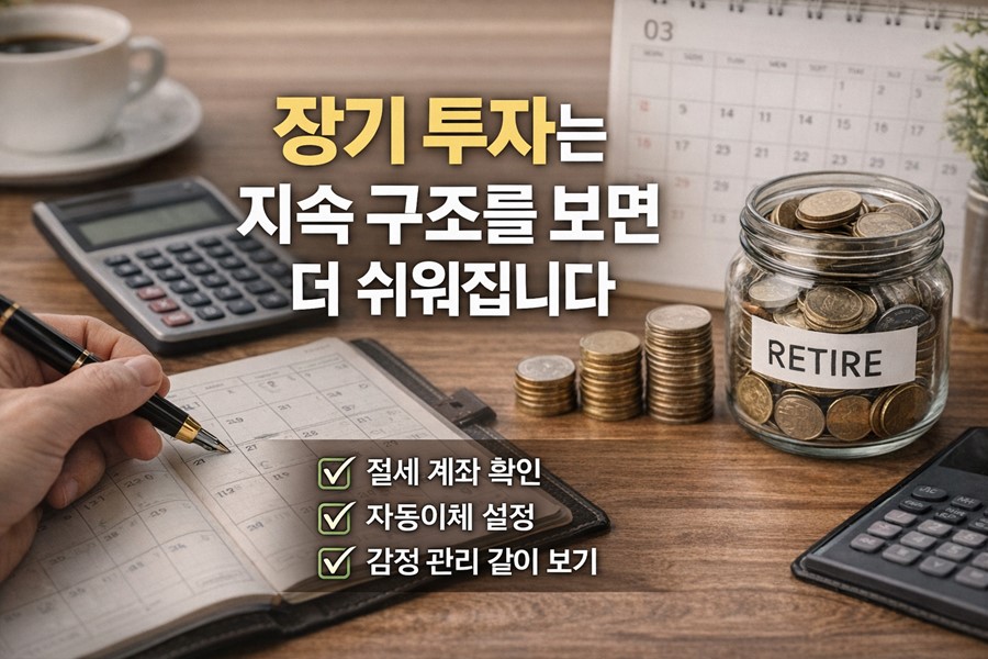 장기 투자를 오래 유지하기 위해 절세 계좌, 자동이체, 감정 관리 요소를 함께 점검하는 2026 체크리스트 이미지