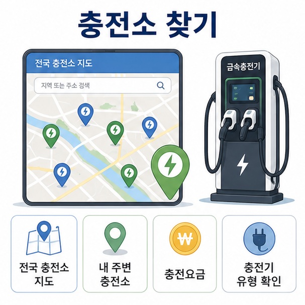 전국 전기차 충전소 위치와 내 주변 충전소, 충전요금을 무공해차 통합누리집 지도에서 확인하는 모습을 표현한 이미지