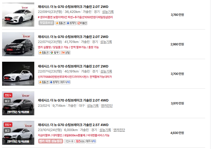 제네시스 G70 중고차 가격 시세표 유지비