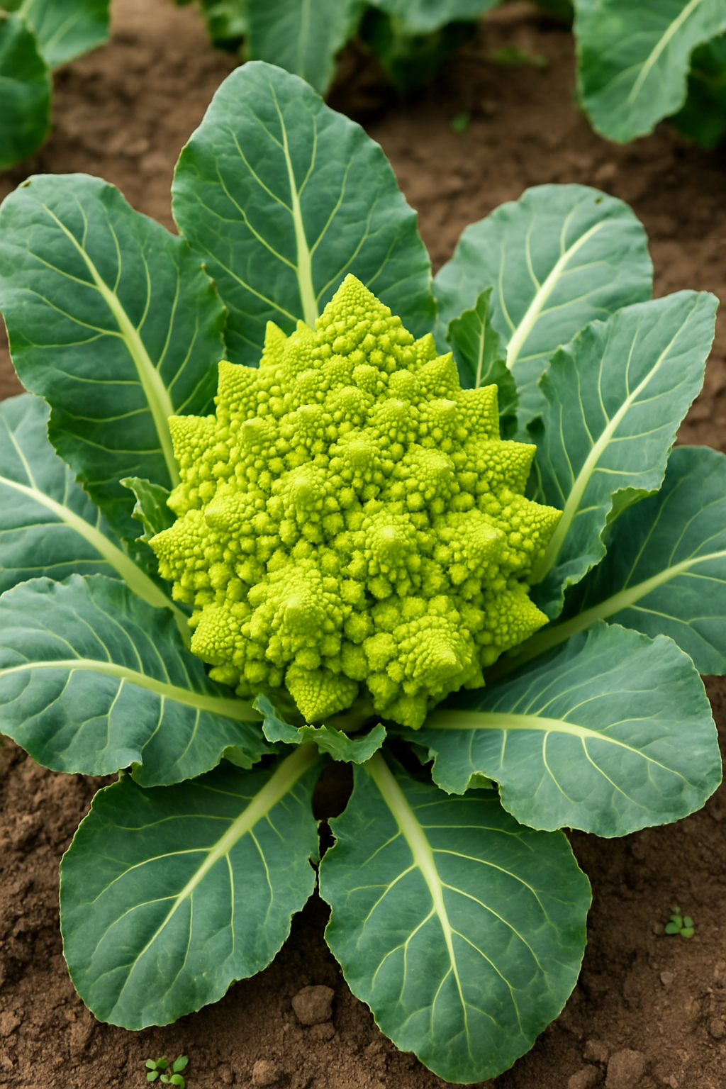 "햇살 가득한 밭에서 초록색 로마넥스가 나선형 꽃봉오리를 형성하며 자라고 있는 모습"