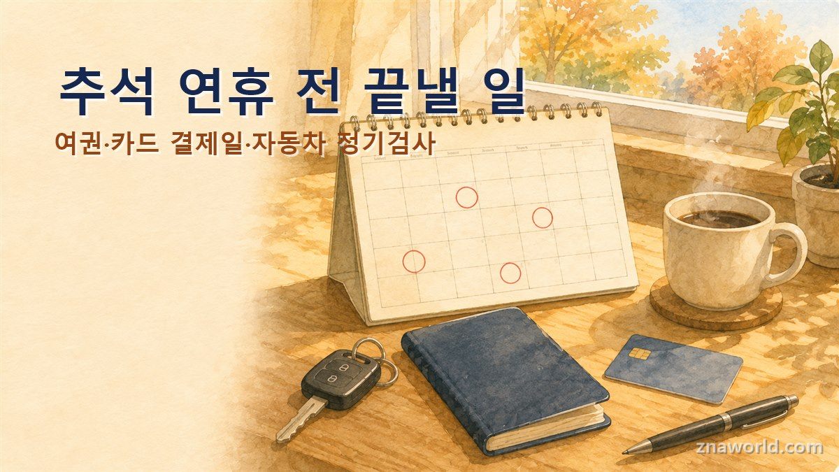 추석 연휴 전 처리할 일을 표시한 달력과 여권 자동차 열쇠