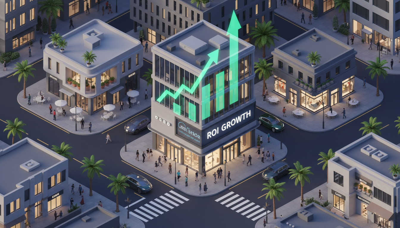 신사동 상권의 부동산 가치 상승과 투자 수익률을 나타내는 3D 그래픽