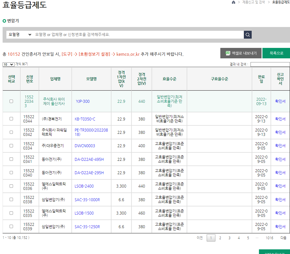 에너지관리공단 효율관리기자재 조회화면
