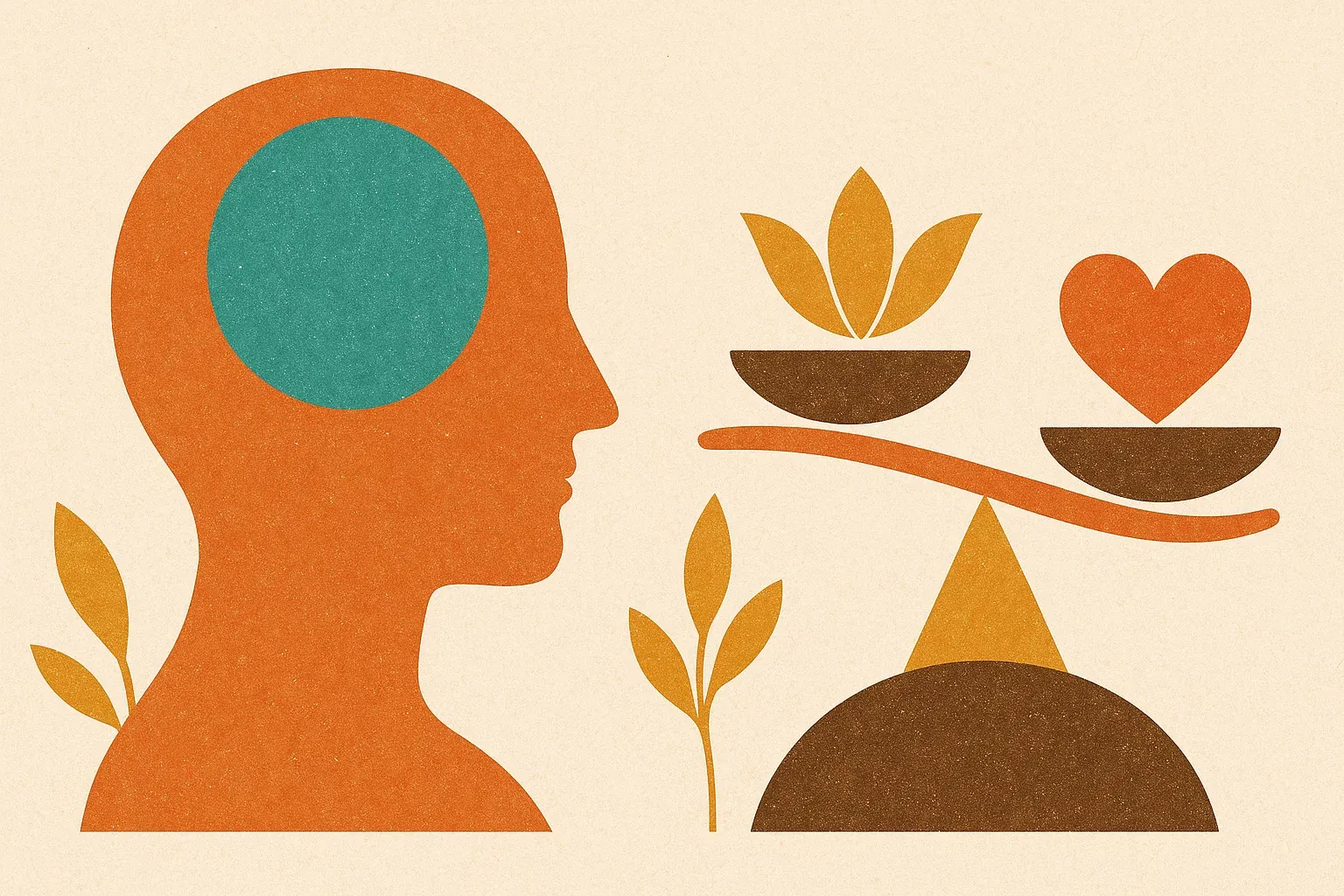 균형 잡힌 삶을 상징하는 두뇌와 마음의 저울 일러스트, 감정과 이성의 조화를 표현