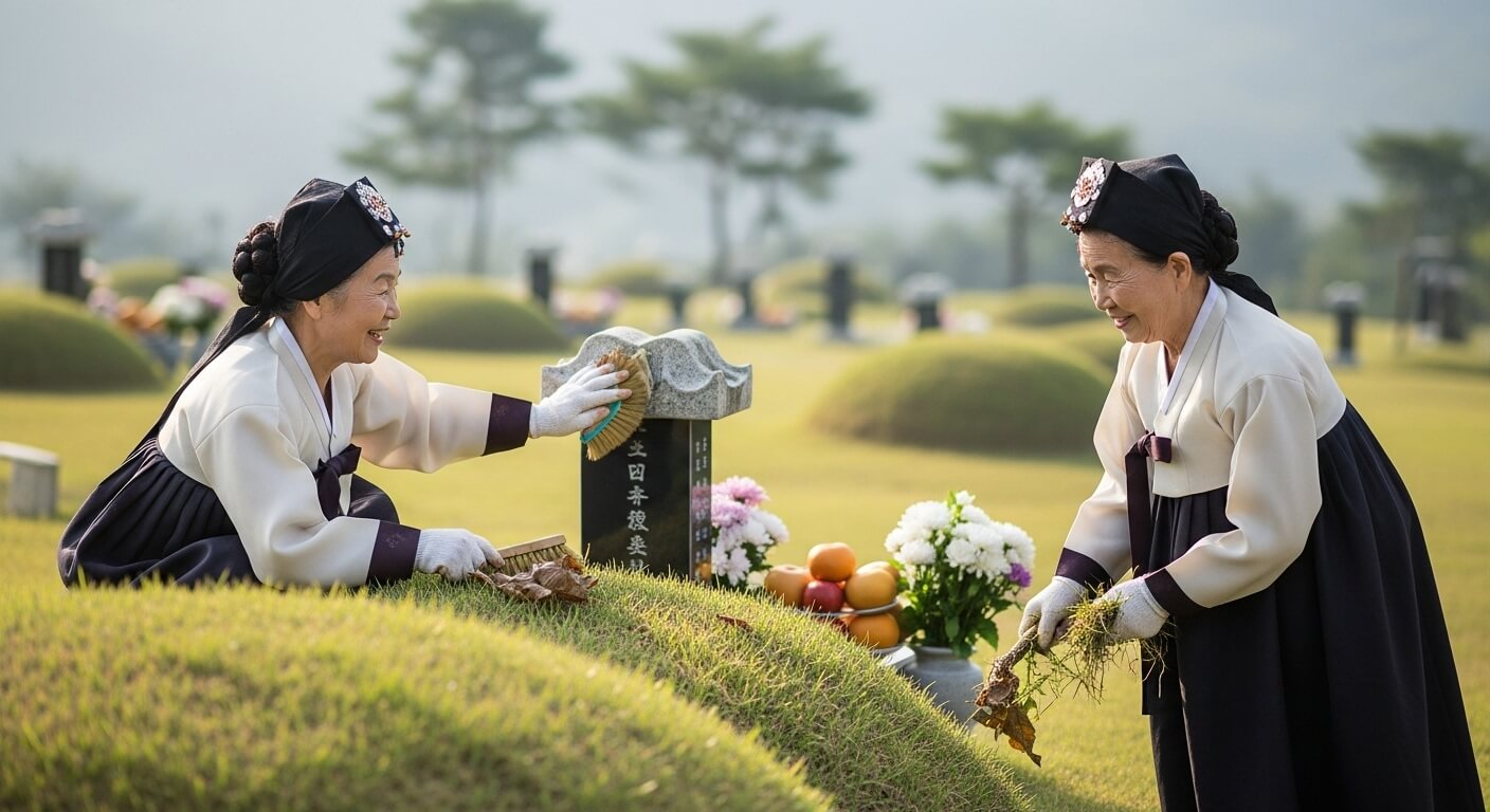 한복 차림의 노년 여성이 봉분 묘비를 닦고 있는 장면