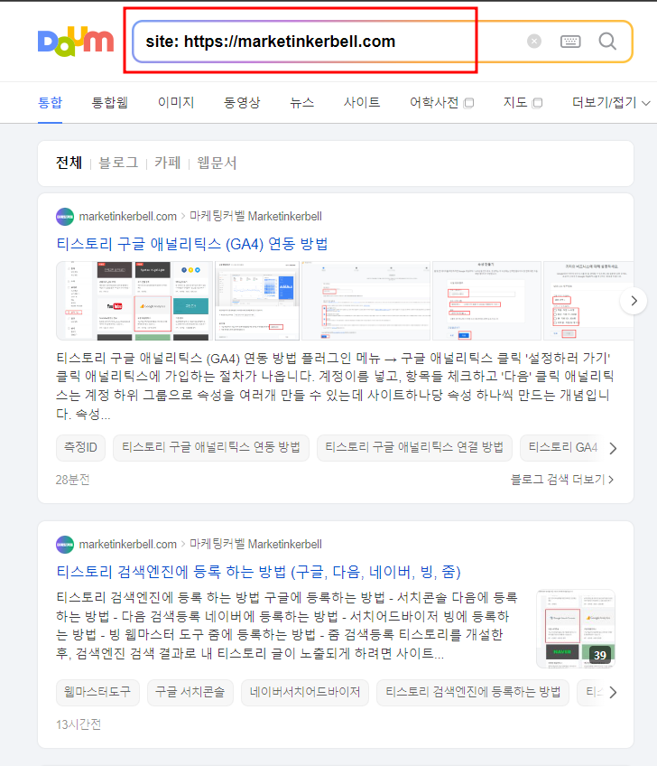 다음에 내 사이트 잘 등록 되어 있는지 확인하는 방법