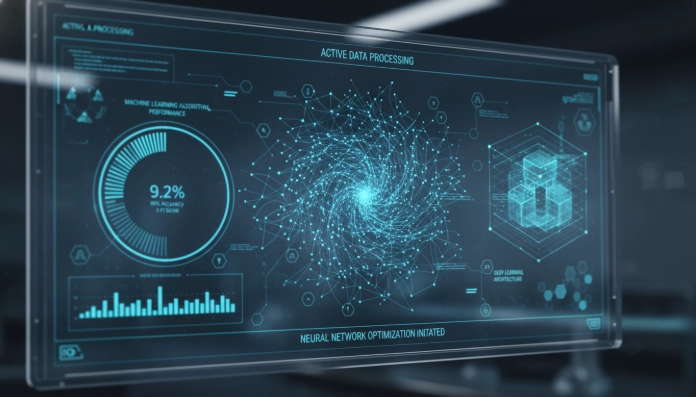 복잡한 데이터 시각화와 신경망이 보이는 인공지능 인터페이스 화면.