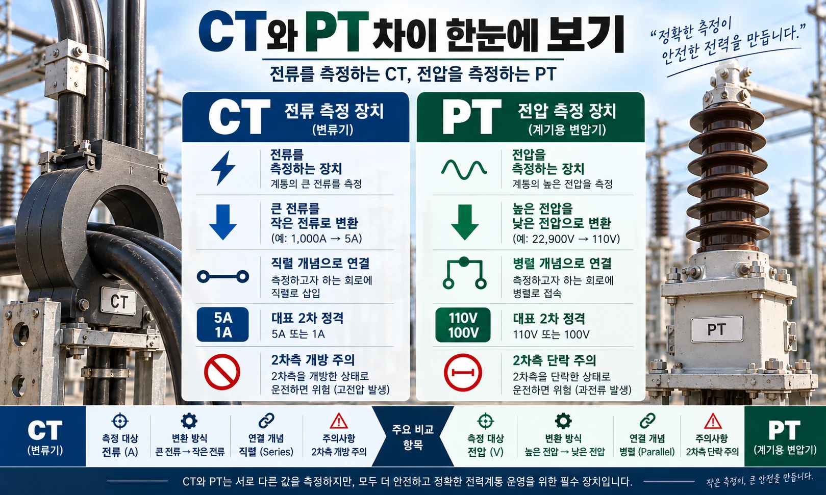 CT 변류기와 PT 계기용 변압기의 측정 대상 변환 방식 연결 방식과 주의사항 비교