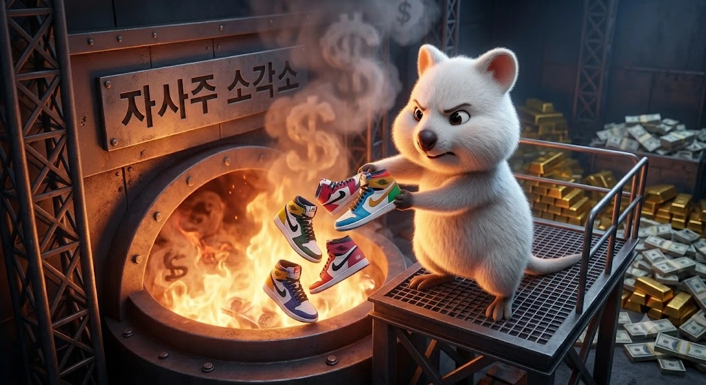 비장한 표정의 백쿼카가 자사주 소각소 용광로에 한정판 스니커즈를 던져 불태우는 모습. 자사주 매입 후 소각을 단행하여 주식 수를 줄이는 과정을 보여주는 일러스트.
