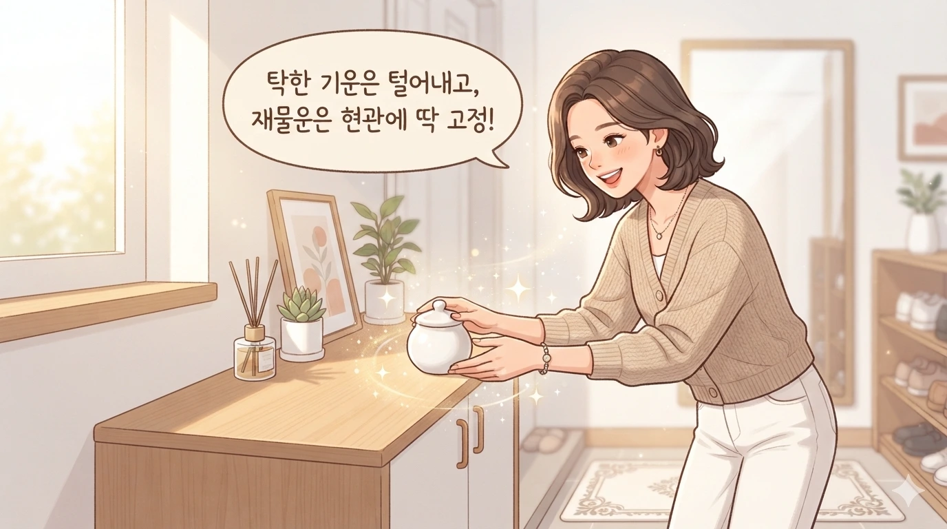 정갈한 현관 신발장 위에 하얀 소금 단지를 올리며 밝게 웃는 캐릭터와 말풍선이 담긴 가로형 웹툰 일러스트