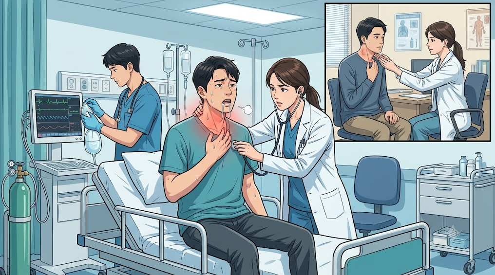 목 이물감 및 속쓰림과 함께 삼킨 음식이 가슴 쪽에서 걸리는 느낌을 가진 한국 성인 환자가 소화기내과에서 진료받는 상황 및 위내시경 검사실 장면