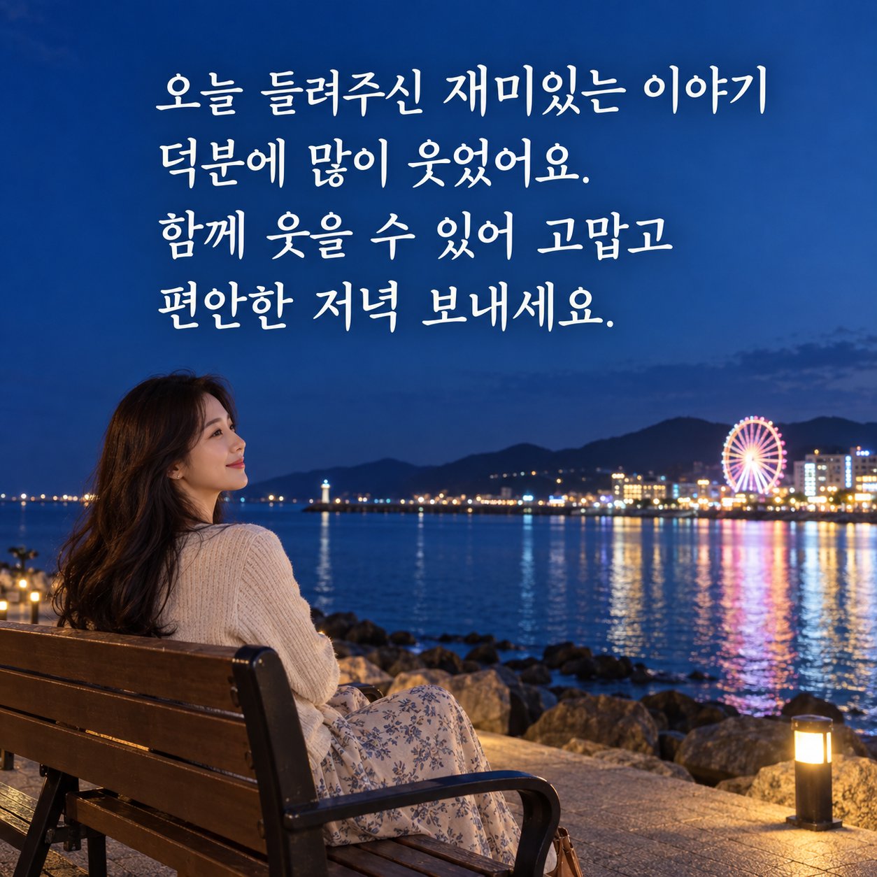 친구에게 전하는 저녁 안부 이미지 15 — 오늘 들려주신 재미있는 이야기 덕분에 많이 웃었어요. 함께 웃을 수 있어 고맙고 편안한 저녁 보내세요.