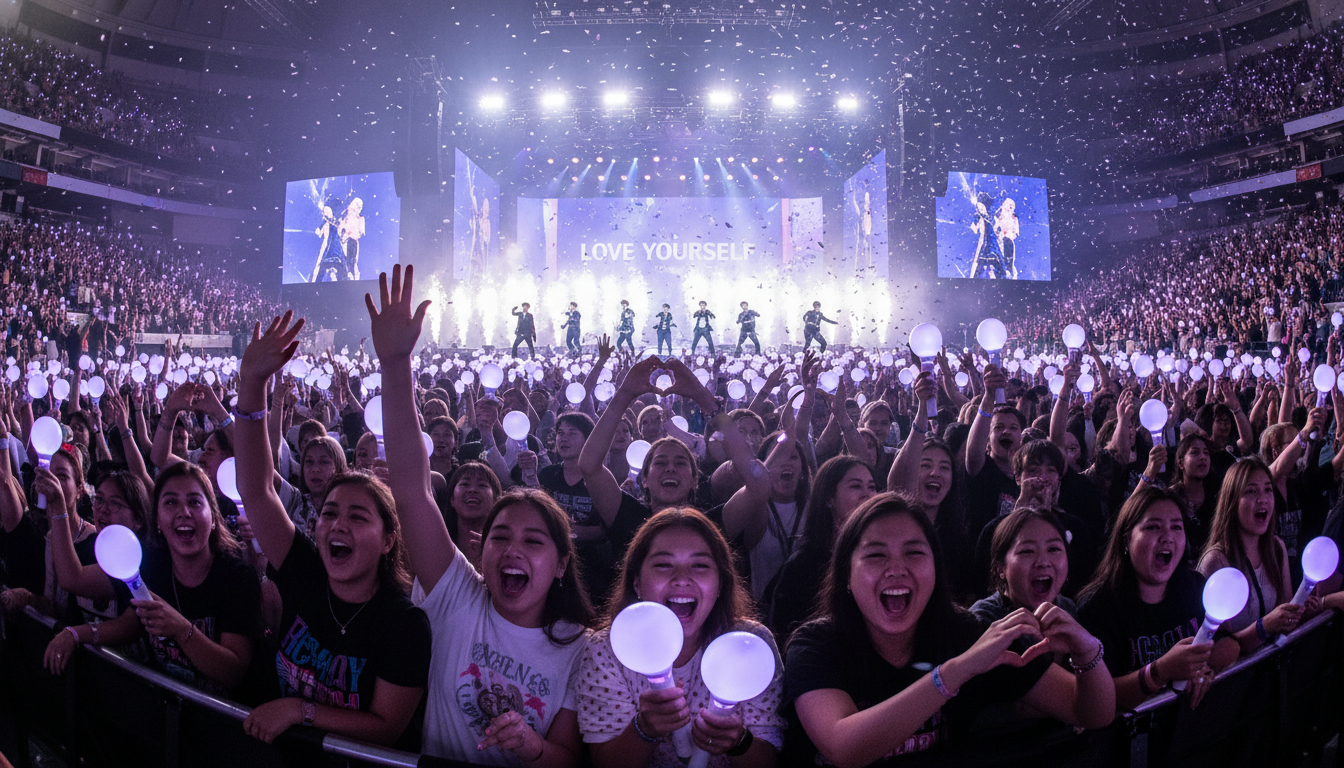 콘서트장에서 보라색 아미밤을 흔들며 방탄소년단 공연을 열정적으로 즐기는 아미 팬들의 모습. 성공적인 티켓팅의 기쁨을 상징합니다.