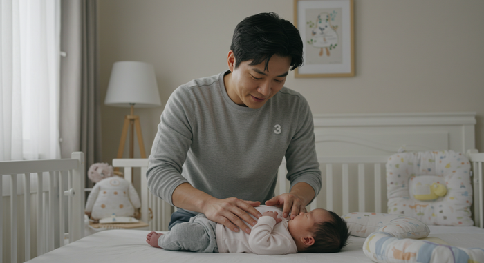 아빠가 아기 가스 빼주는 장면