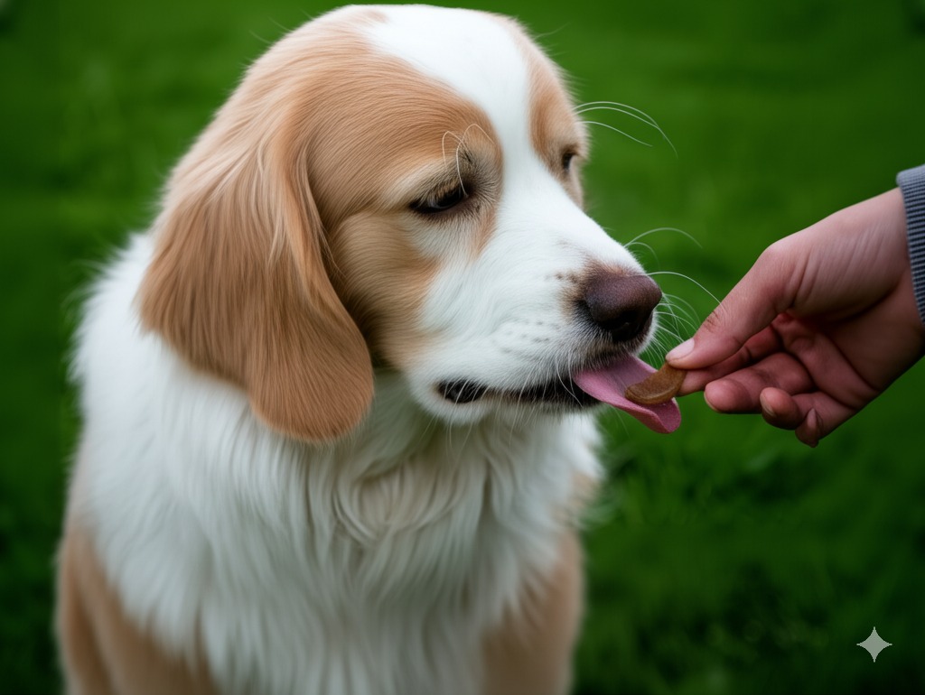 성견 1마리가 앉아서 간식을 받아먹고 있는 모습