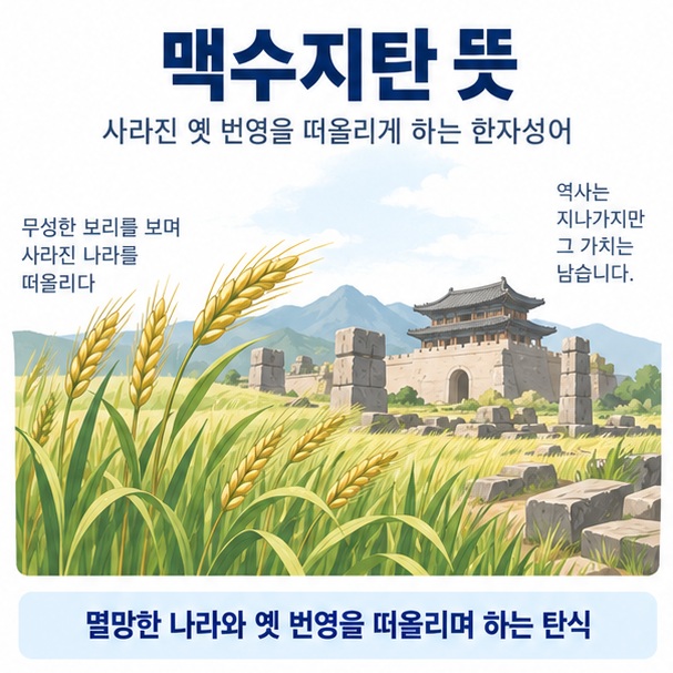 맥수지탄 뜻과 보리가 자란 옛 도읍 폐허를 바라보며 나라의 멸망을 탄식하는 모습을 보여주는 교육용 이미지