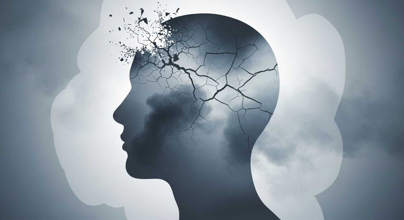 기억력 감퇴와 뇌 안개를 상징하는 금이 간 사람의 머리 실루엣 이미지