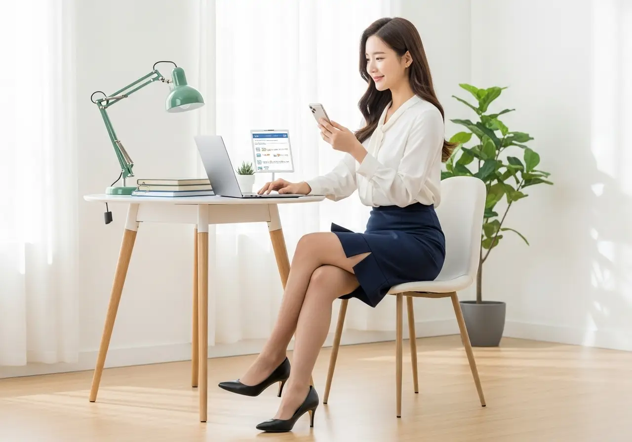 한 여성이 스마트폰과 노트북으로 알뜰폰 요금제를 비교하며 만족스러운 미소를 짓고 있다