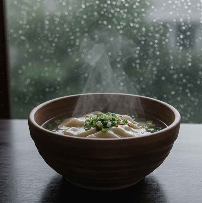 비오는 날 수제비 한 그릇이 있는 풍경