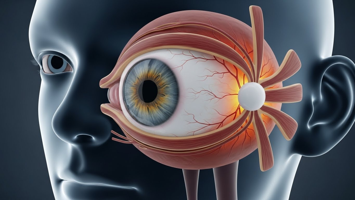 망막병증이 생긴 안구 입체적 표현