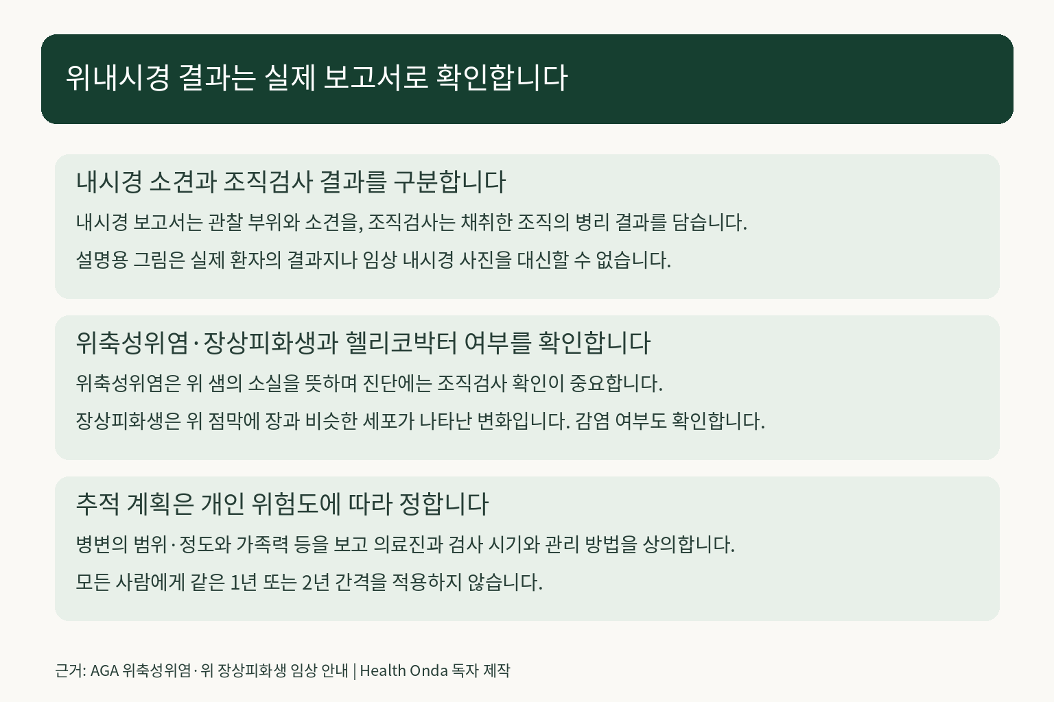 실제 위내시경 보고서와 조직검사 결과 구분 및 개인별 추적검사 계획 안내
