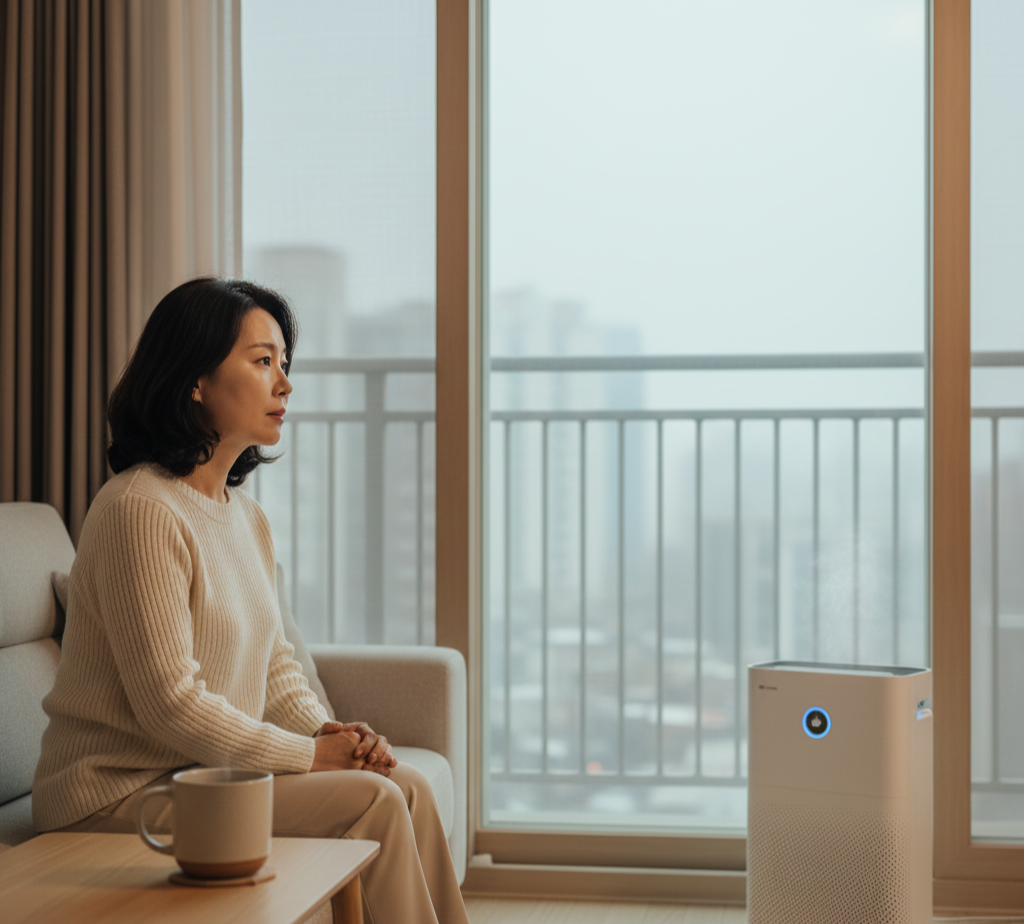 겨울철 미세먼지로 뿌연 도시를 바라보는 중년 여성이 아파트 거실 소파에 앉아 공기청정기와 따뜻한 차로 건강을 관리하며 미세먼지에 대비하는 모습
