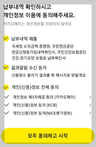 납부내역 및 개인신용정보 전체 동의 화면