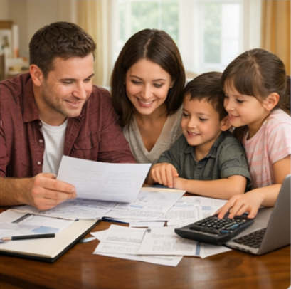 다자녀 가구가 연말정산 세금 서류와 계산기를 보며 세제 혜택을 확인하는 모습