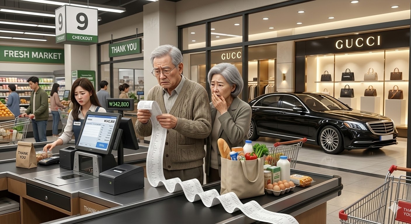 화려한 외제차 옆에서 마트 영수증을 보며 한숨 짓는 시니어의 대비되는 모습