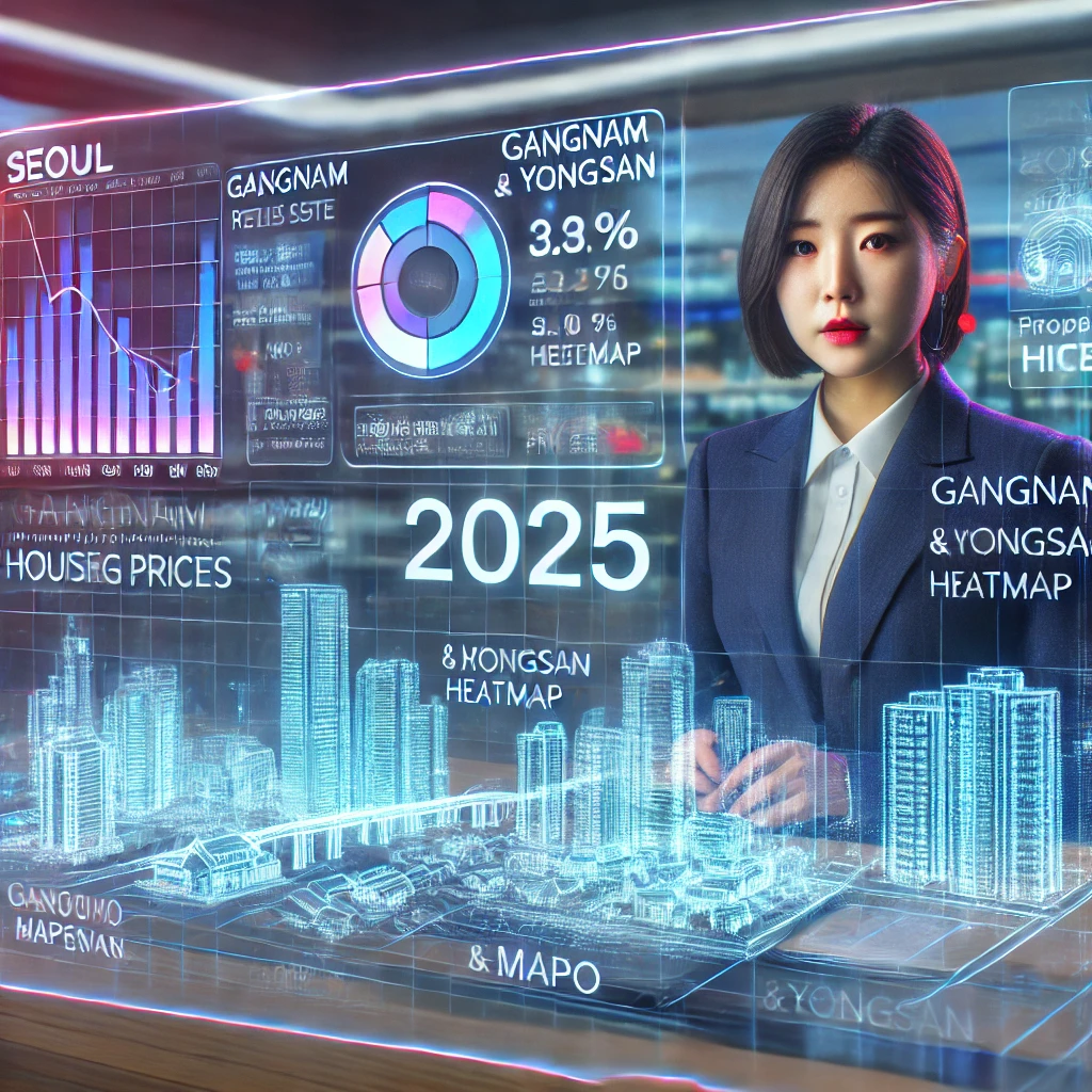 뉴스 스튜디오에서 앵커가 강남, 마포, 용산의 부동산 가격 변동을 홀로그램 그래프와 함께 설명하는 장면.