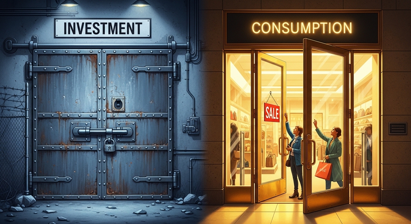 Illustration contrasting a tightly closed factory door (investment) with a slightly opening department store door (consumption).