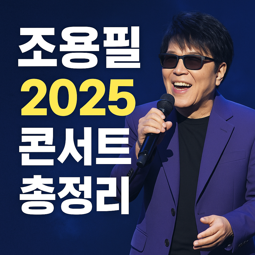 조용필 2025 콘서트 총정리라는 문구와 함께, 조용필이 무대에서 마이크를 들고 웃으며 공연하는 모습이 담긴 디지털 그래픽 이미지