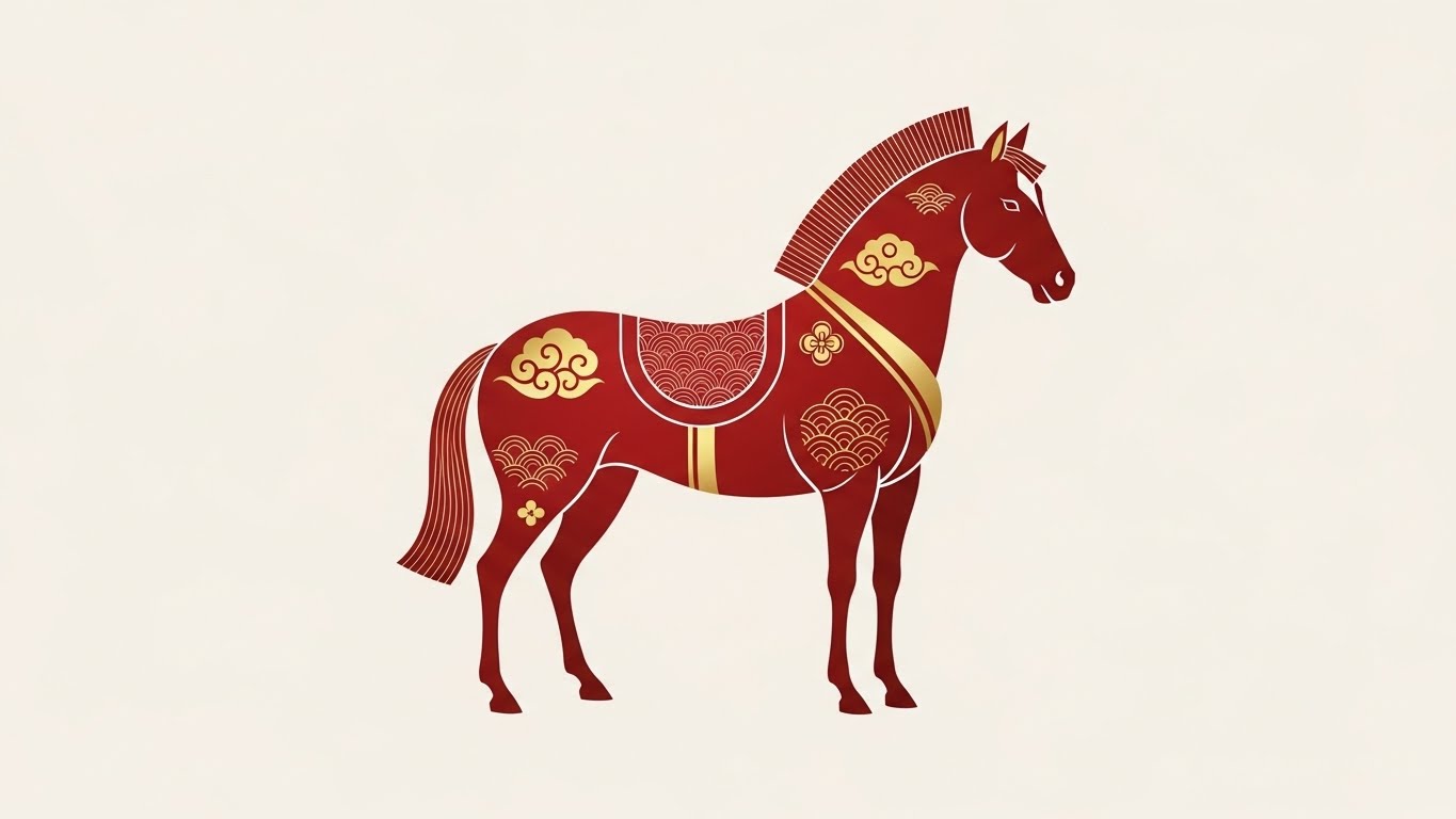 [이미지 #2: 병오년을 상징하는 붉은색과 황금색이 조화된 전통적인 말 문양 일러스트]