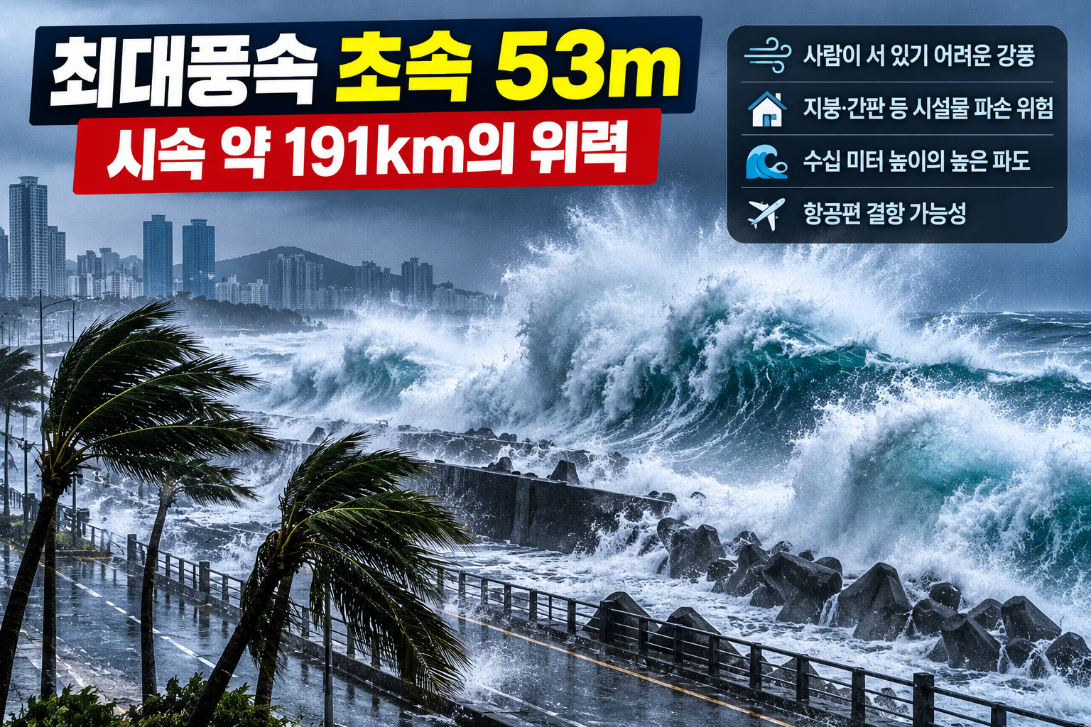 최대풍속 초속 53m까지 발달할 것으로 예상되는 태풍 인파의 강풍 위력 설명 이미지
