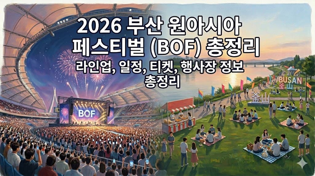 "2026 부산 원아시아 페스티벌(BOF) 총정리 썸네일 가이드. 이미지의 왼쪽은 수많은 인파로 가득 찬 부산아시아드주경기장 실내에서 화려한 불꽃놀이와 함께 'BOF' 로고가 새겨진 메인 무대 공연이 펼쳐지는 모습이다. 오른쪽은 해 질 녘 화명생태공원 잔디밭에서 사람들이 피크닉 매트를 깔고 앉아 여유롭게 축제를 즐기는 모습이다. 상단에는 '2026 부산 원아시아 페스티벌(BOF) 총정리'와 그 아래 '라인업, 일정, 티켓, 행사장 정보 총정리'라는 흰색 한국어 텍스트가 명확하게 적혀 있다. 하단 중앙에는 펼쳐진 가이드북 위로 카메라, 마이크, 티켓, 지도, 버스 등의 아이콘이 떠 있어, 축제에 대한 상세 정보를 제공함을 시각적으로 나타낸다. 전반적으로 활기찬 축제 분위기와 풍성한 정보를 강조하는 디지털 일러스트레이션이다."