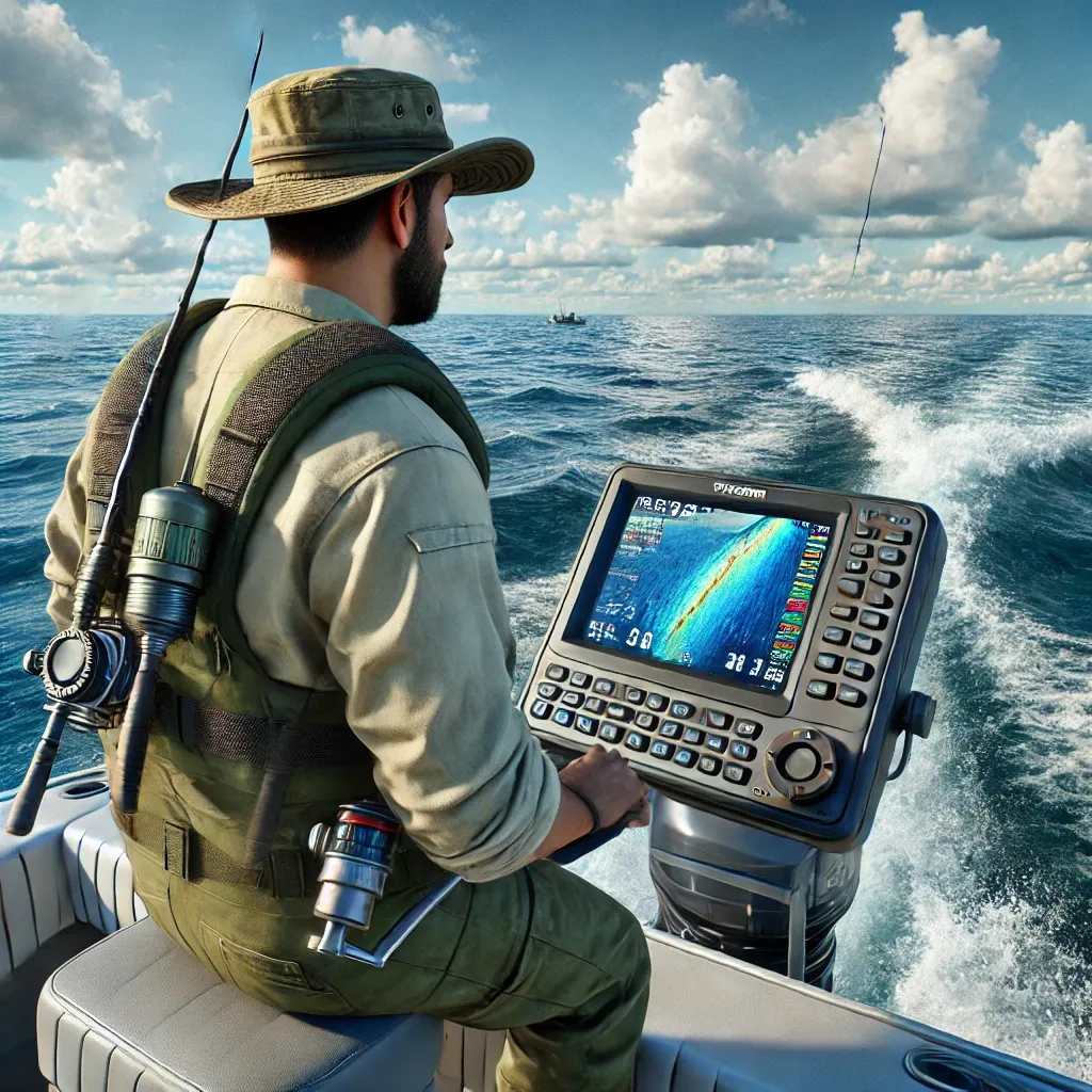 바다에서 어군탐지기를 확인하는 낚시꾼